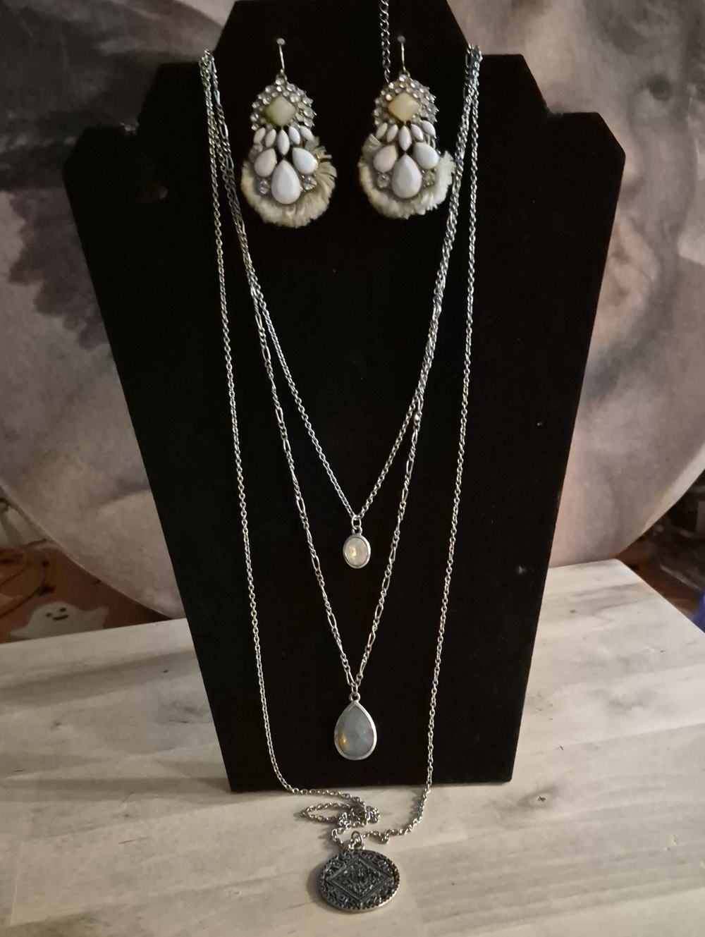 Lia Sophia Silver-Tone Layered Necklace Set with White/Cream Stones